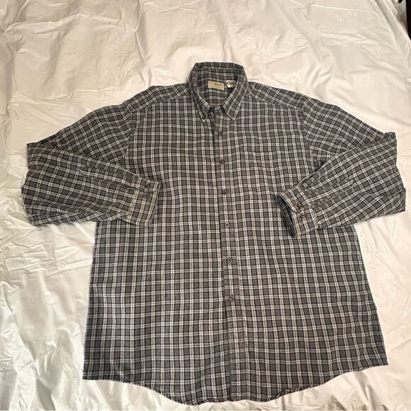 L.L. Bean Gray and White Plaid Check Long Sleeve Flannel   Button down shirt XL - Picture 1 of 11